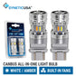 canbus all-in-one switchback LED light 3157 bulbs with built-in fans, shown alongside their blue and white retail blister packaging. The brand name 'SYNETICUSA' is visible at the top, and text at the bottom specifies 'CANBUS ALL-IN-ONE LIGHT BULB' with 'WHITE / AMBER' and 'BUILT-IN FANS'.
