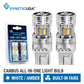 Two SyneticUSA canbus all-in-one 7443 7444 LED switchback bulbs shown next to their retail blister packaging, with text indicating white/amber color and built-in fans.