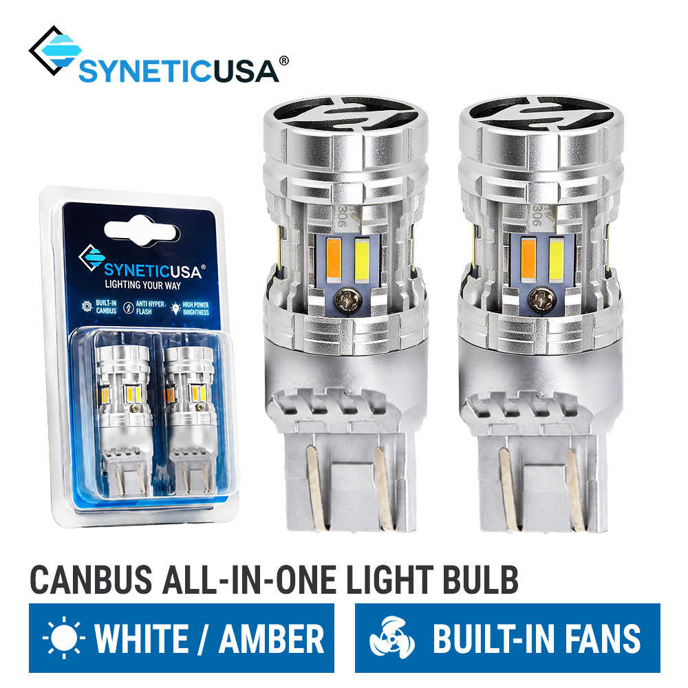 Two SyneticUSA canbus all-in-one 7443 7444 LED switchback bulbs shown next to their retail blister packaging, with text indicating white/amber color and built-in fans.
