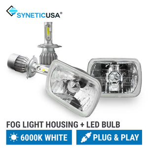 SYNETICUSA fog light housing and LED bulb set on a white background