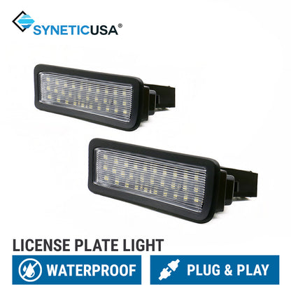 Two black SyneticUSA license plate lights shown on a white background with product text and feature badges below.