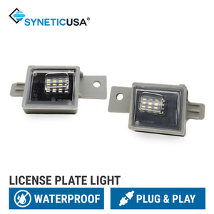 Two SyneticUSA license plate light modules shown on a white background with feature badges at the bottom indicating waterproof and plug & play.