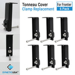 Six black metal tonneau cover clamp replacement parts with silver bolts, arranged on a white background with text reading 'Tonneau Cover Clamp Replacement' and 'For Frontier 6 Pack.' A SYNETICUSA logo appears at the bottom left.