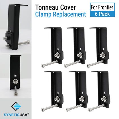 Six black metal tonneau cover clamp replacement parts with silver bolts, arranged on a white background with text reading 'Tonneau Cover Clamp Replacement' and 'For Frontier 6 Pack.' A SYNETICUSA logo appears at the bottom left.