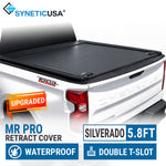 A black Synetic USA MR Pro retractable truck bed cover installed on the bed of a white Chevrolet Silverado 5.8 ft, shown from the rear three-quarter angle with promotional text overlays.