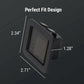 A black square automotive light or sensor component shown on a dark gray background with overlaid dimension labels and the text 'Perfect Fit Design' and measurements 2.34", 1.