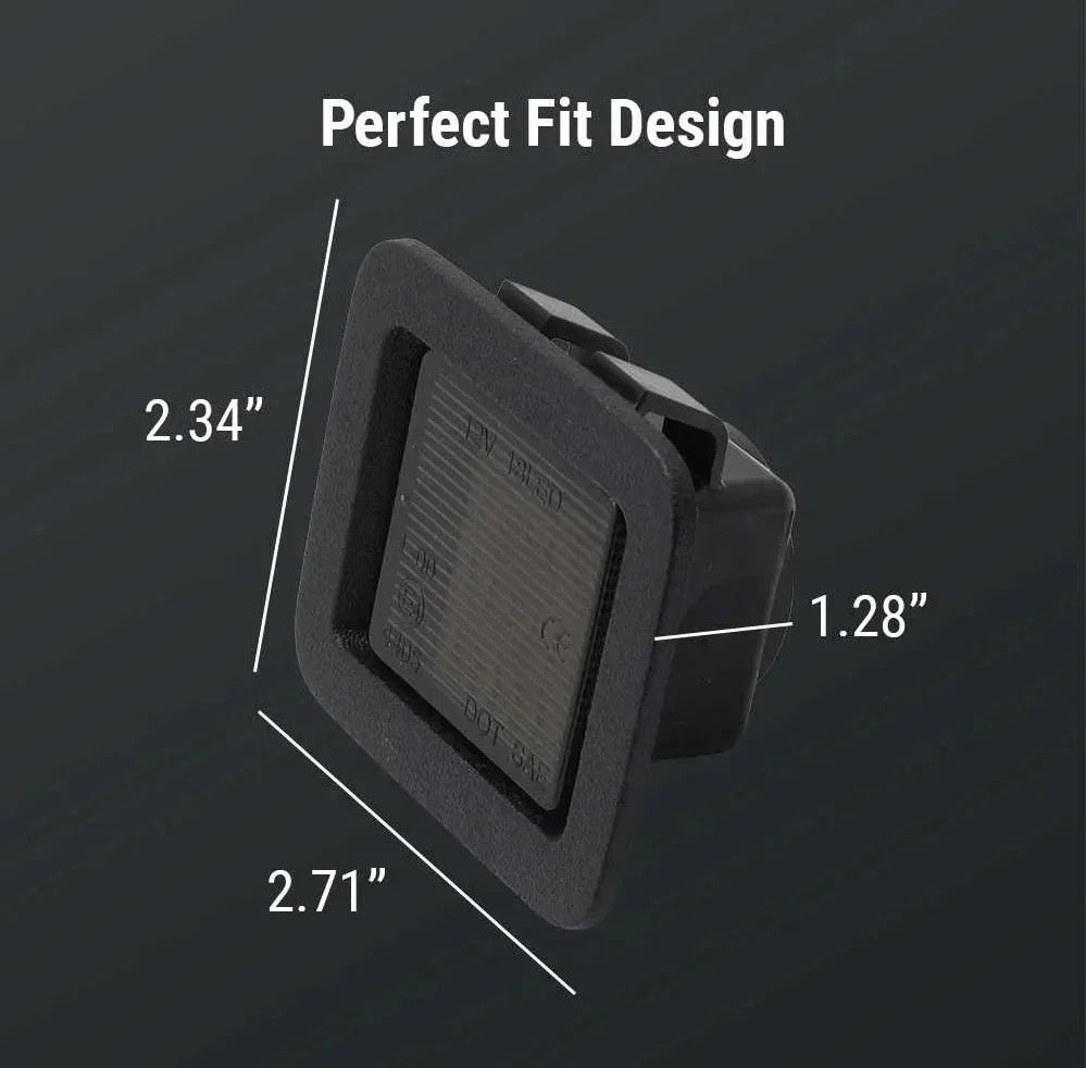 A black square automotive light or sensor component shown on a dark gray background with overlaid dimension labels and the text 'Perfect Fit Design' and measurements 2.34", 1.