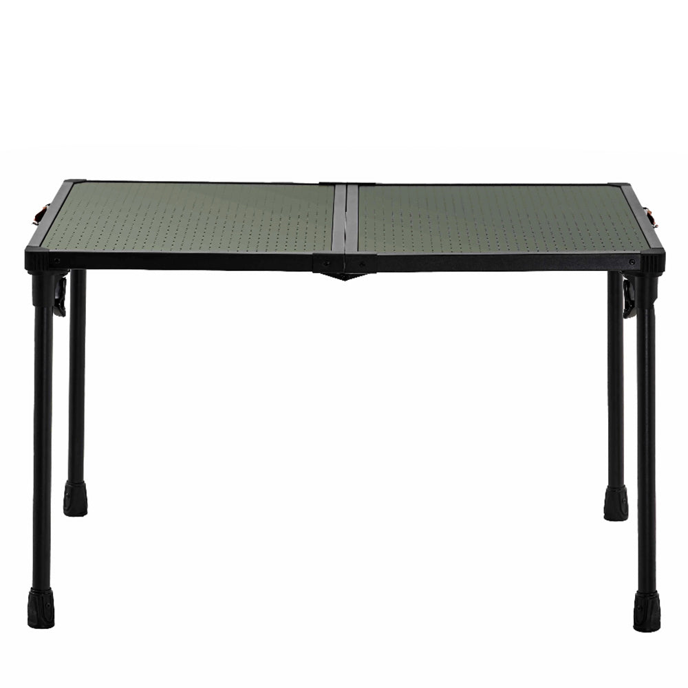 A folding table with a dark green perforated top and black metal legs.