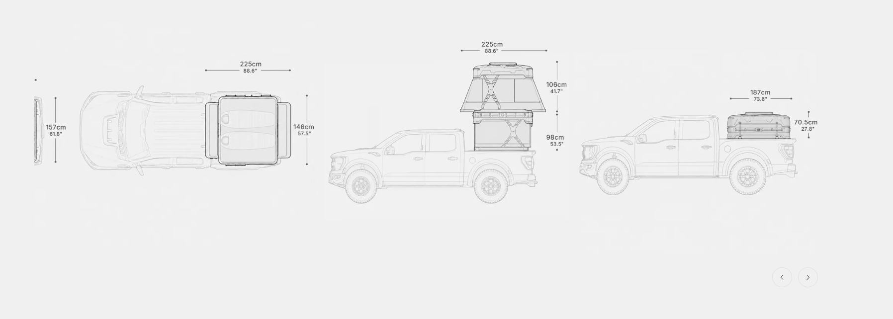 Technical line drawing showing three views of a truck bed storage organizer mounted inside a pickup truck, with dimension labels and measurements on a light gray background.