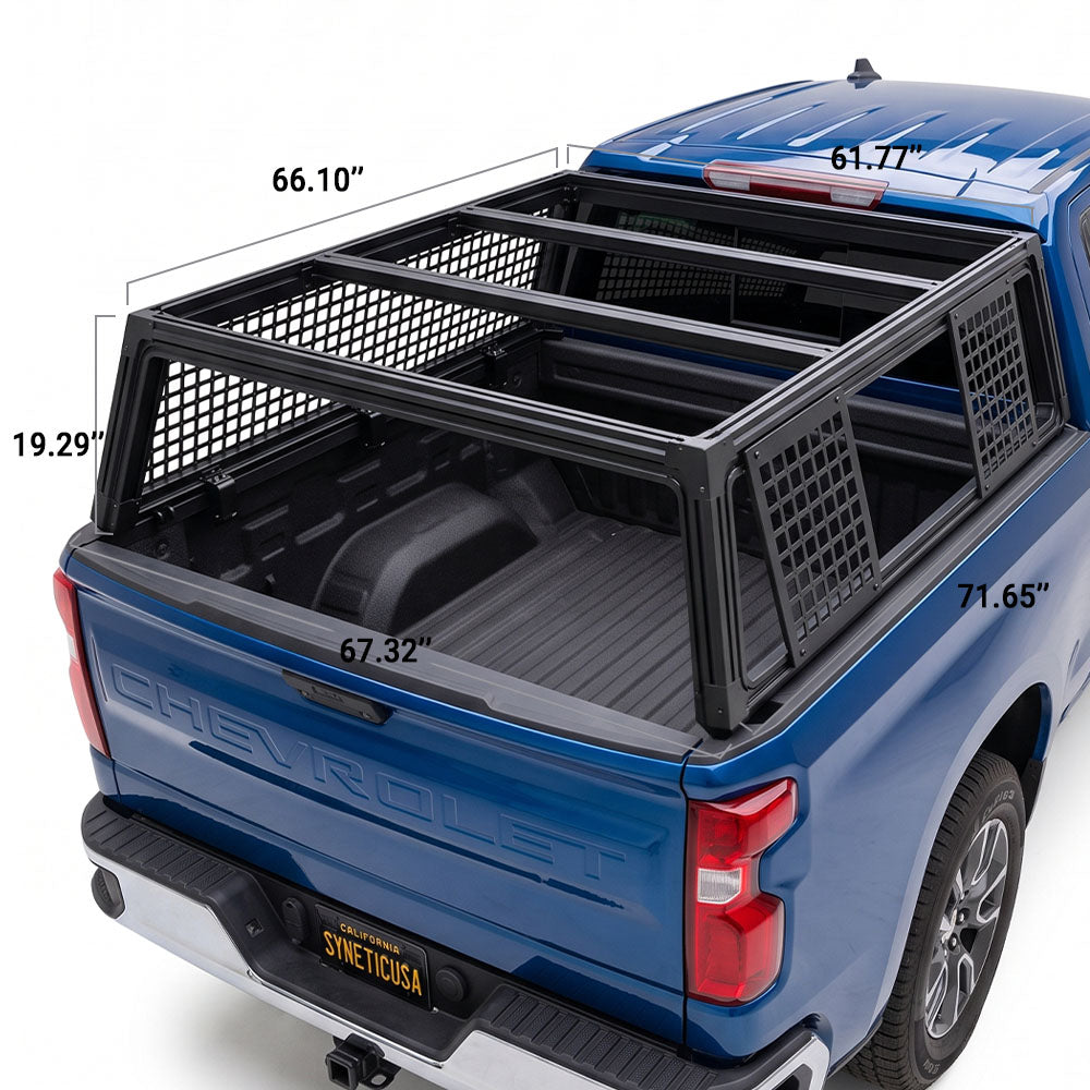 Black mesh truck bed rack installed on the bed of a blue Silverado truck, shown from the rear three-quarter angle with overlaid dimension labels on a white background.