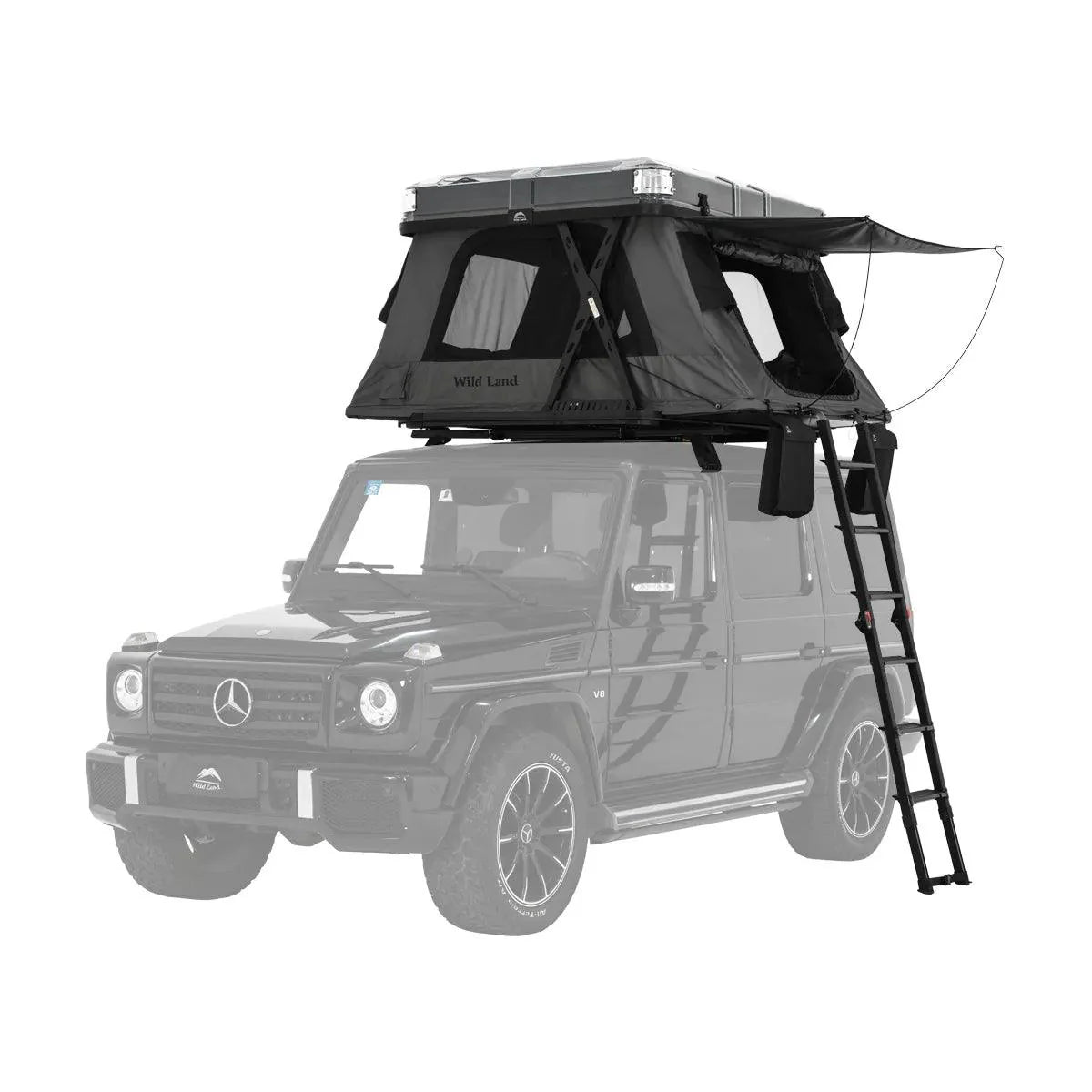 Sky Rover Roof top tent attached to a Mercedes-Benz G-Class vehicle on a white background