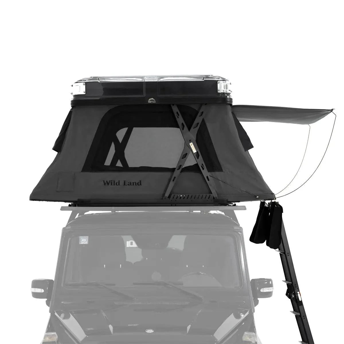 Sky Rover Roof top tent on a vehicle with 'Wild Land' branding on a white background