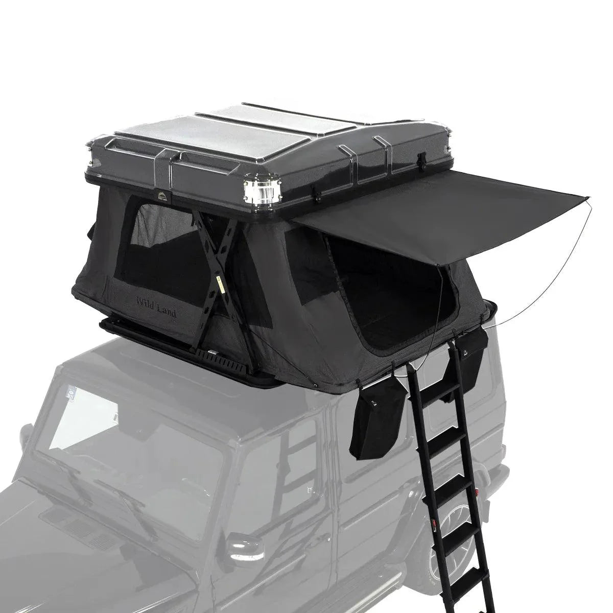 Sky Rover Roof top tent with ladder on a vehicle, showing clear visibility and no obstructions.