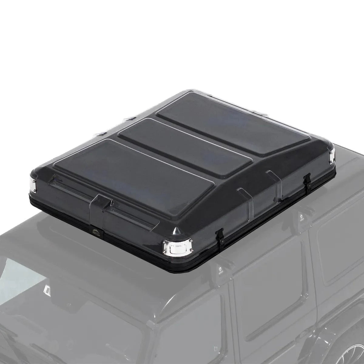 Black roof box on a vehicle with a white background