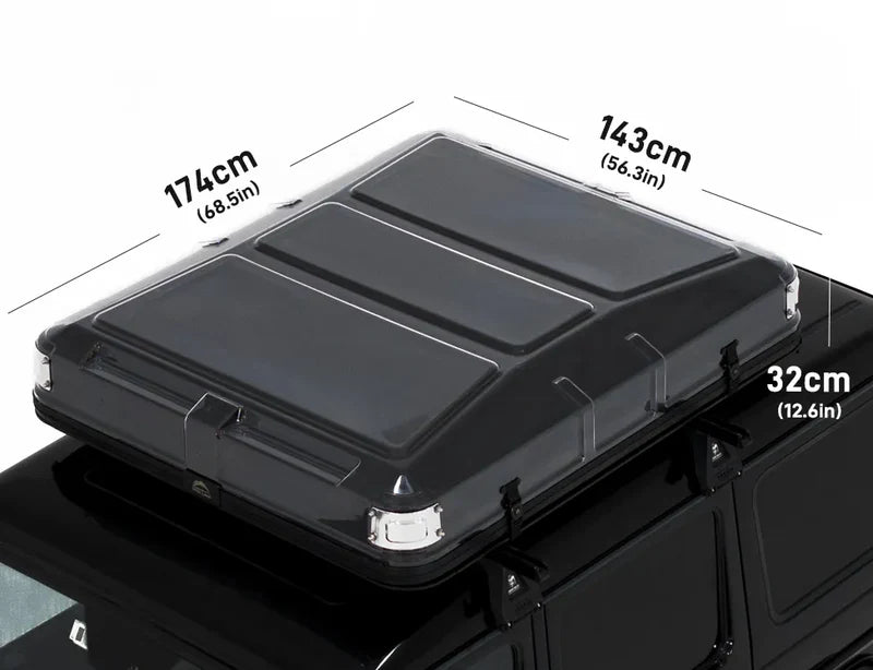 Roof box on a vehicle with dimensions indicated