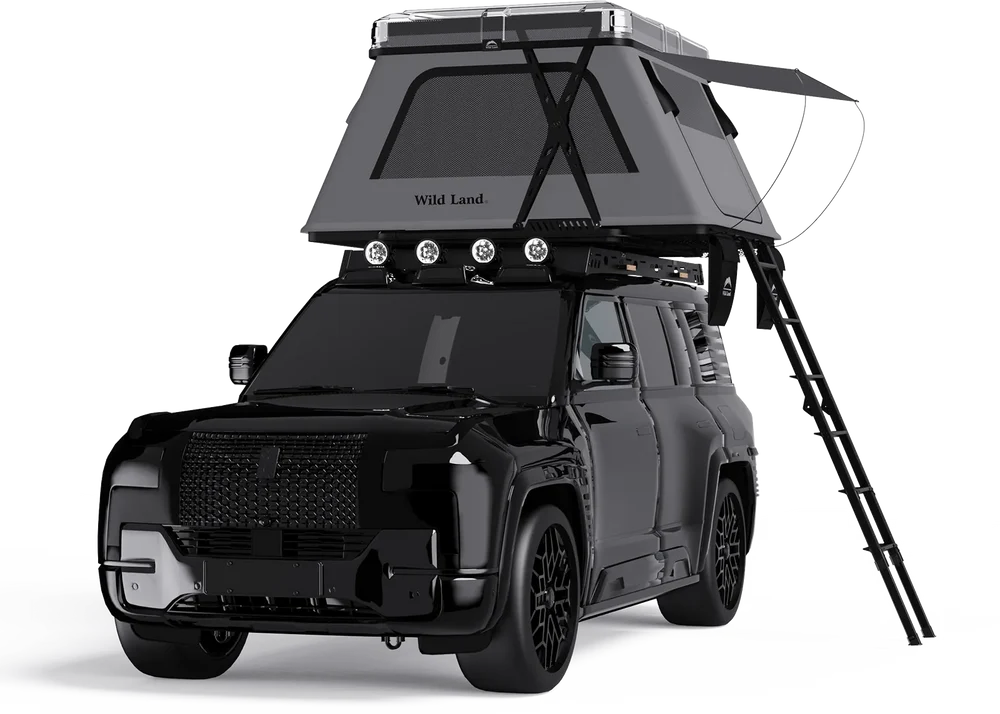 Black SUV with a rooftop tent on a white background
