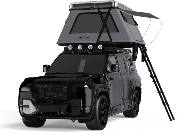 Black SUV with a rooftop tent on a white background