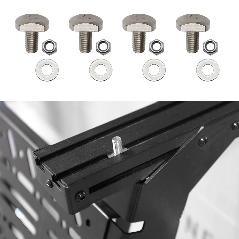 Metal bracket with screws and washers on a white background