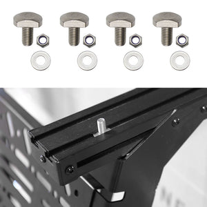 Metal bracket with screws and washers on a white background