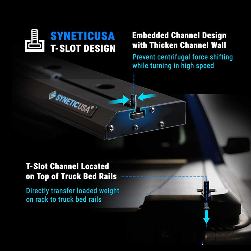 SYNETICUSA T-Slot design product with truck bed rail illustration on a dark background