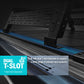 Close-up of a black metal rack system mounted over a blue-gray vehicle bed liner, with overlaid text reading 'DUAL T-SLOT' and 'Built with dual T-slots channels to support a wide range of popular rack systems.'.