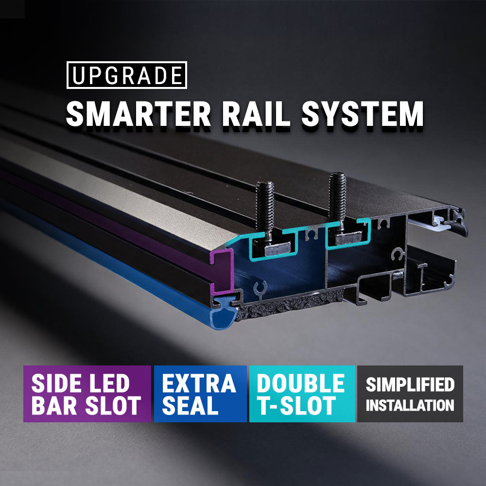 A close-up product render of a black metal rail profile with a blue inner channel, shown with text callouts reading 'RAIL UPGRADE,' 'DOUBLE T-SLOT,' 'EXTRA SEAL,' and 'SIDE LED BAR SLOT.'.