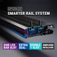 A close-up product render of a black metal rail profile with a blue inner channel, shown with text callouts reading 'RAIL UPGRADE,' 'DOUBLE T-SLOT,' 'EXTRA SEAL,' and 'SIDE LED BAR SLOT.'.