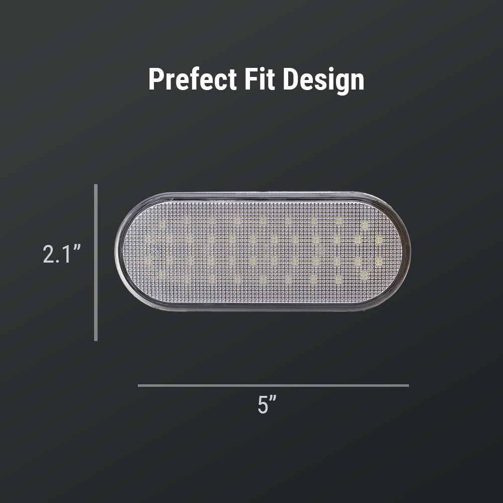 Oval LED light with dimensions on a black background