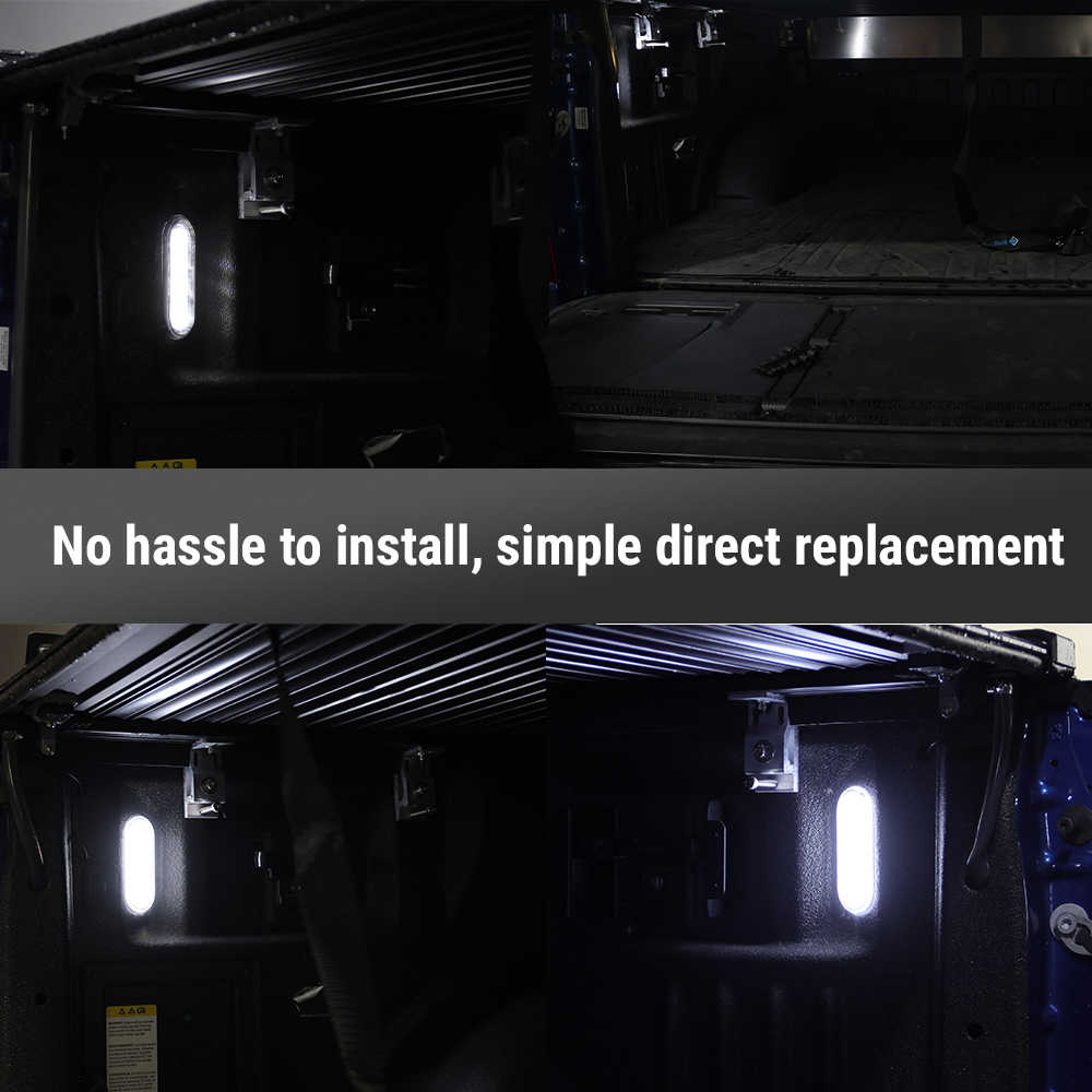 Car interior with headlights on and off, text 'No hassle to install, simple direct replacement'.