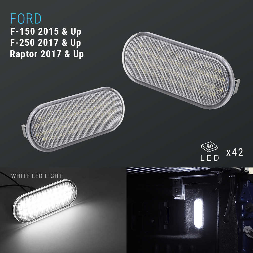 Ford LED light bulbs for F-150, F-250, and Raptor vehicles with specifications on a dark background.