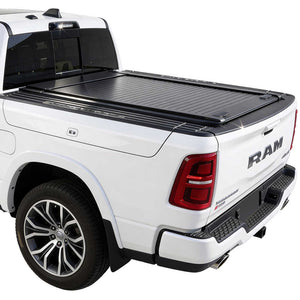 White Ram with RAMBOX truck with a black enhanced MB tonneau cover on a white background