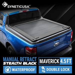 Blue Maverick with a black tonneau cover featuring SyneticUSA branding.