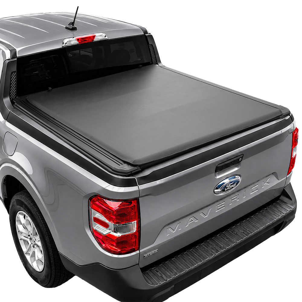 SYNETIC USA soft roll up tonneau cover installed on grey Ford Maverick