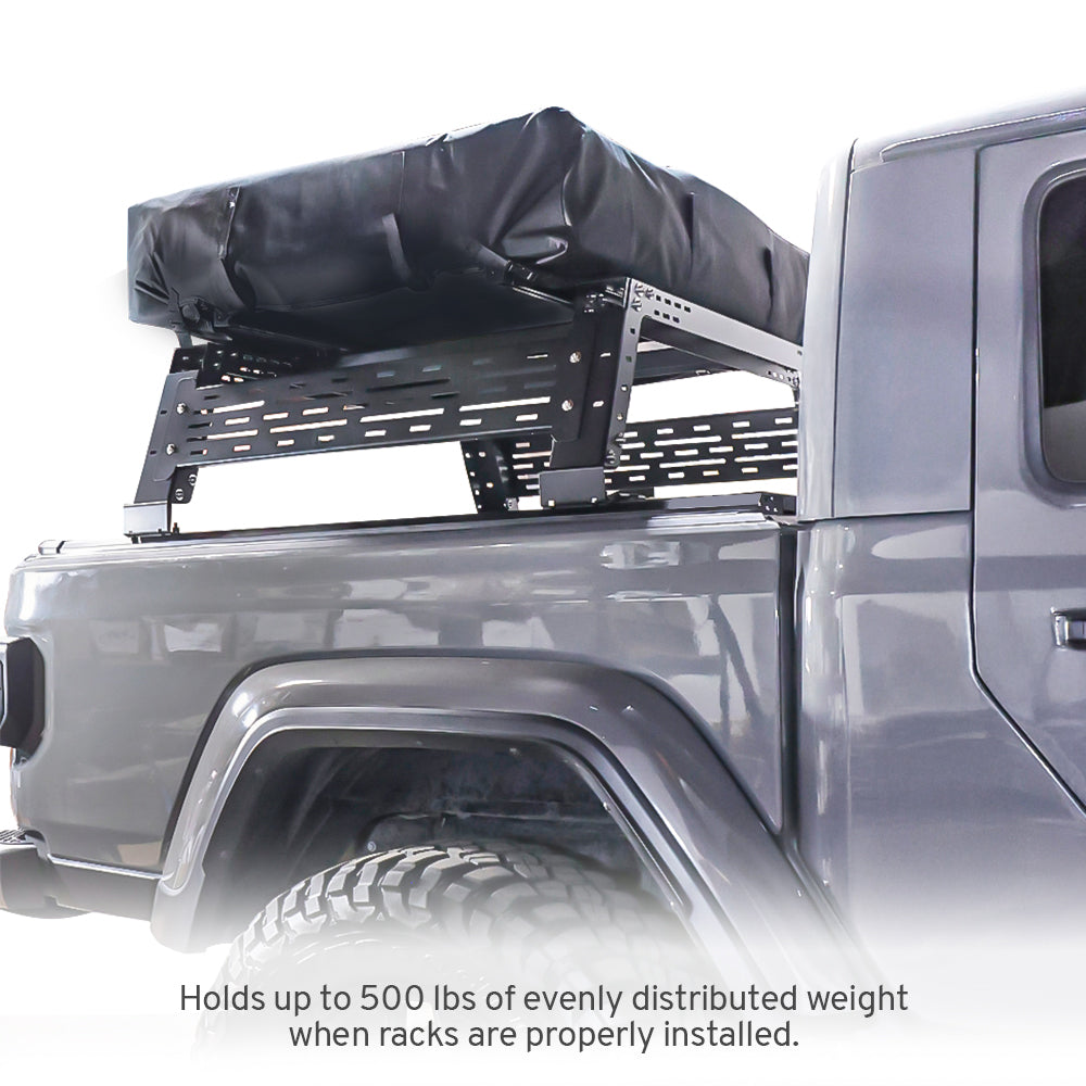 Truck bed rack system on a gray truck with text indicating weight capacity.