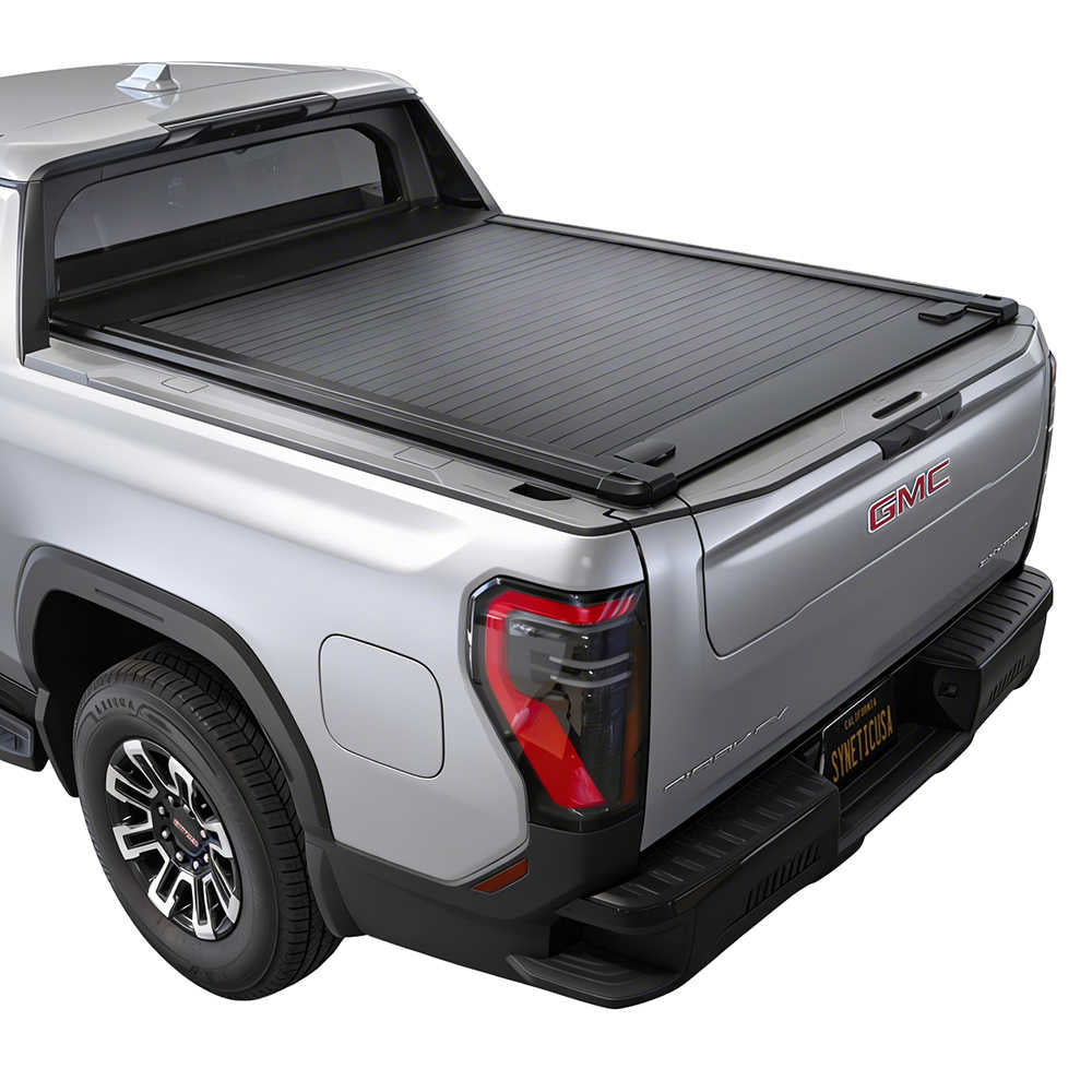 GMC EV truck with a SYNETICUSA retractable tonneau cover on a white background