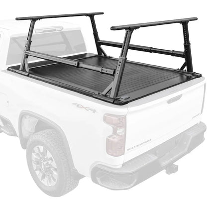 Black truck bed rack system on a white truck