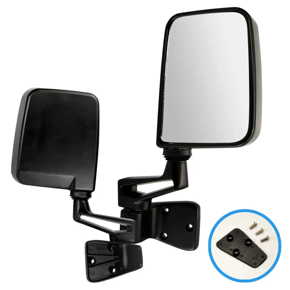 Pair of side mirrors with a close-up inset showing mounting hardware on a white background.