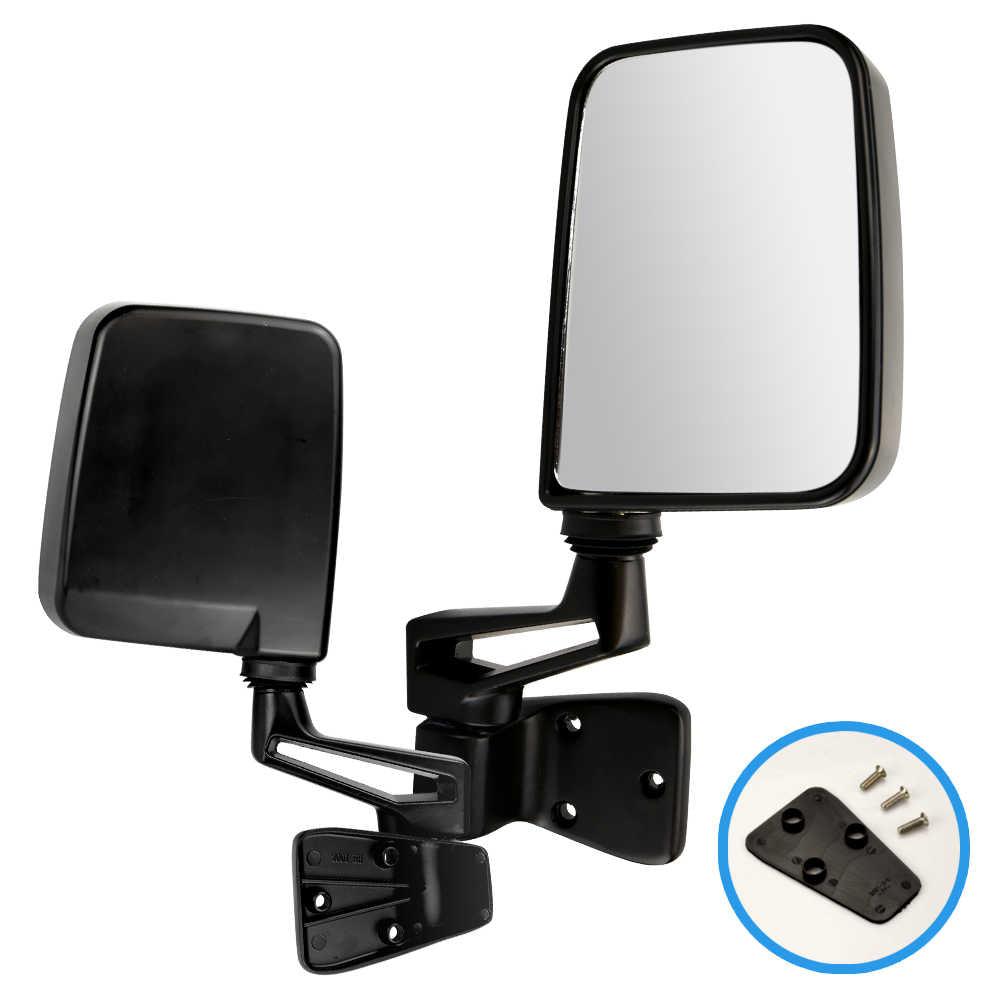 Pair of side mirrors with a close-up inset showing mounting hardware on a white background.