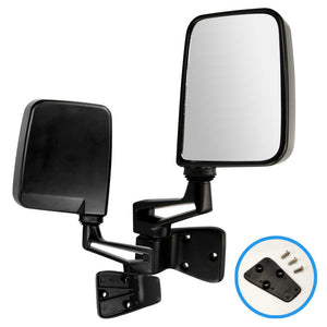Pair of side mirrors with a close-up inset showing mounting hardware on a white background.