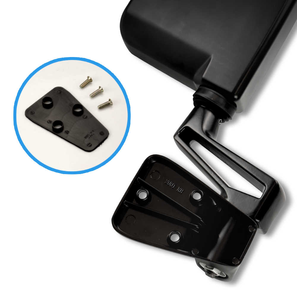 Black metal bracket with mounting hardware on a white background