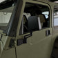 Close-up of a green off-road vehicle door with window and side mirror installed