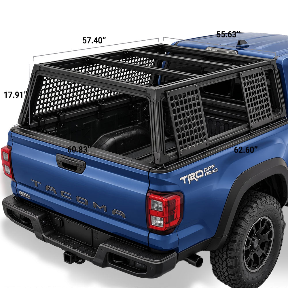 Black metal truck bed canopy cage installed on the bed of a blue Tacoma truck, shown from the rear three-quarter angle with dimension callouts overlaid on the image.