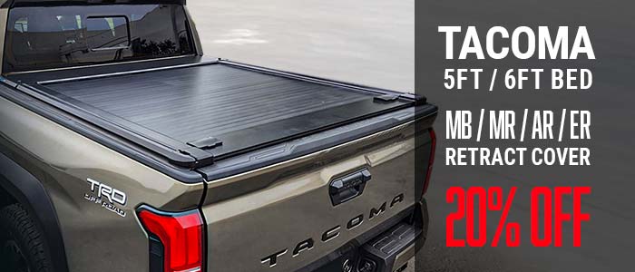 Truck bed cover with Tacoma branding and promotional text on a gray background