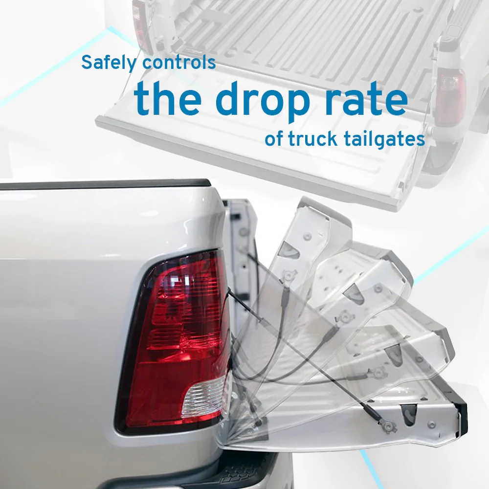 Truck tailgate with safety control mechanism and text on a white background