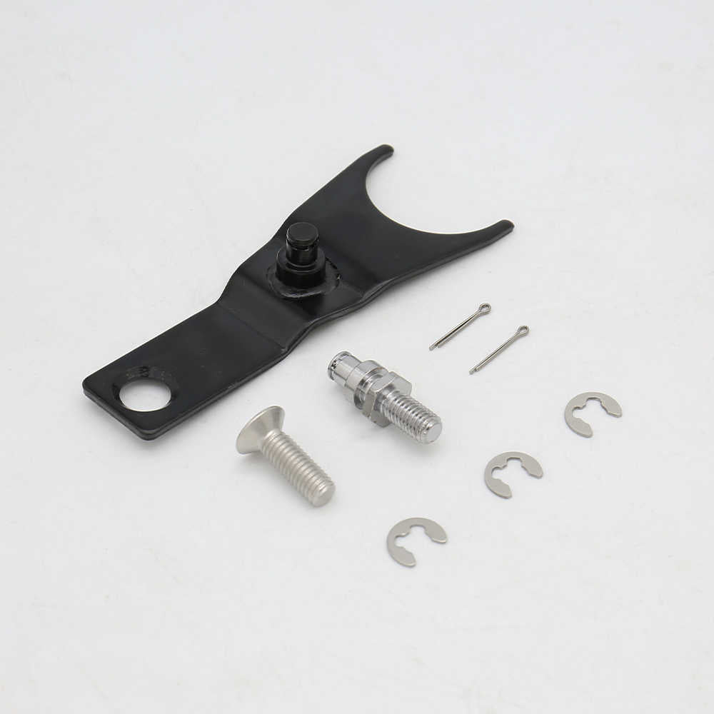 Mechanical parts including a black metal bracket and various screws on a white background