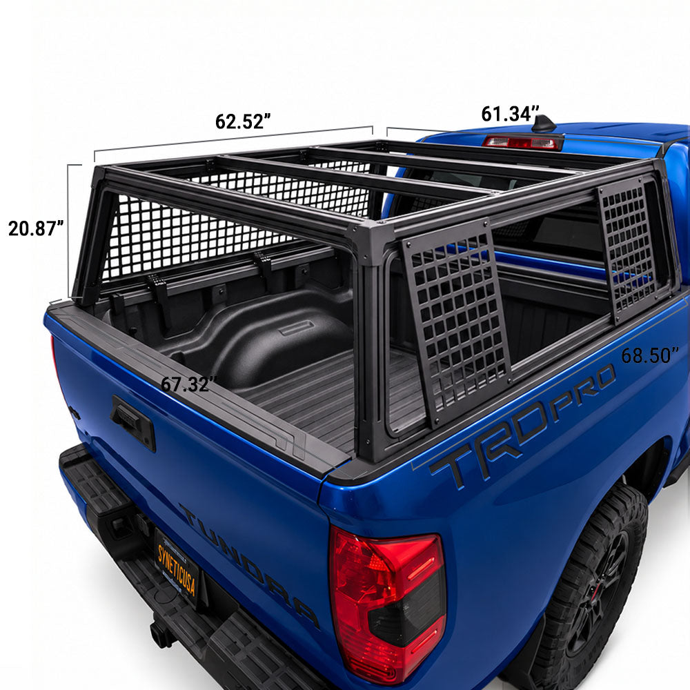 Black metal truck bed rack with side mesh panels shown installed on the bed of a blue Tundra truck, with dimension callouts overlaid on the image.
