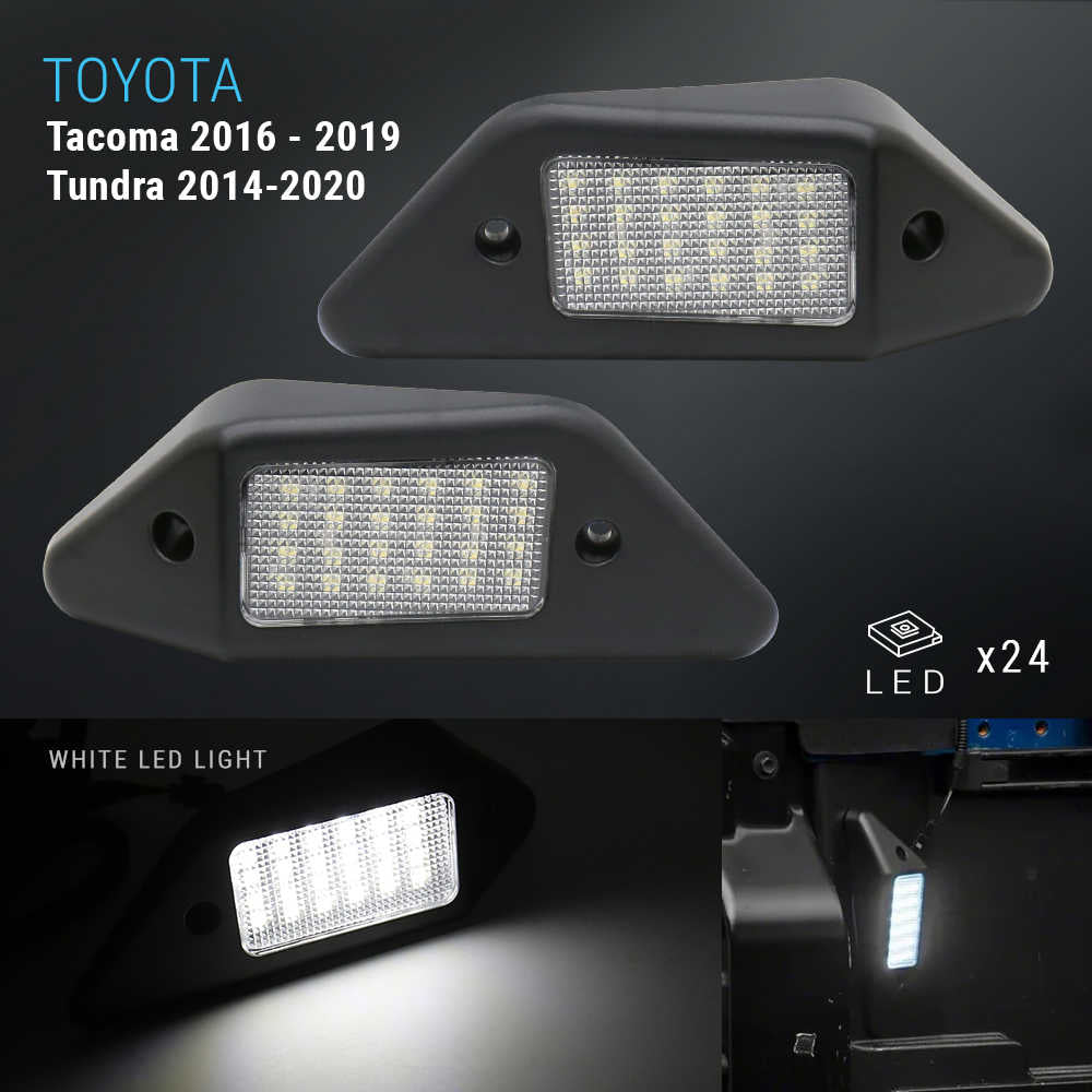 Car LED license plate lights for Toyota Tacoma and Tundra models on a dark background