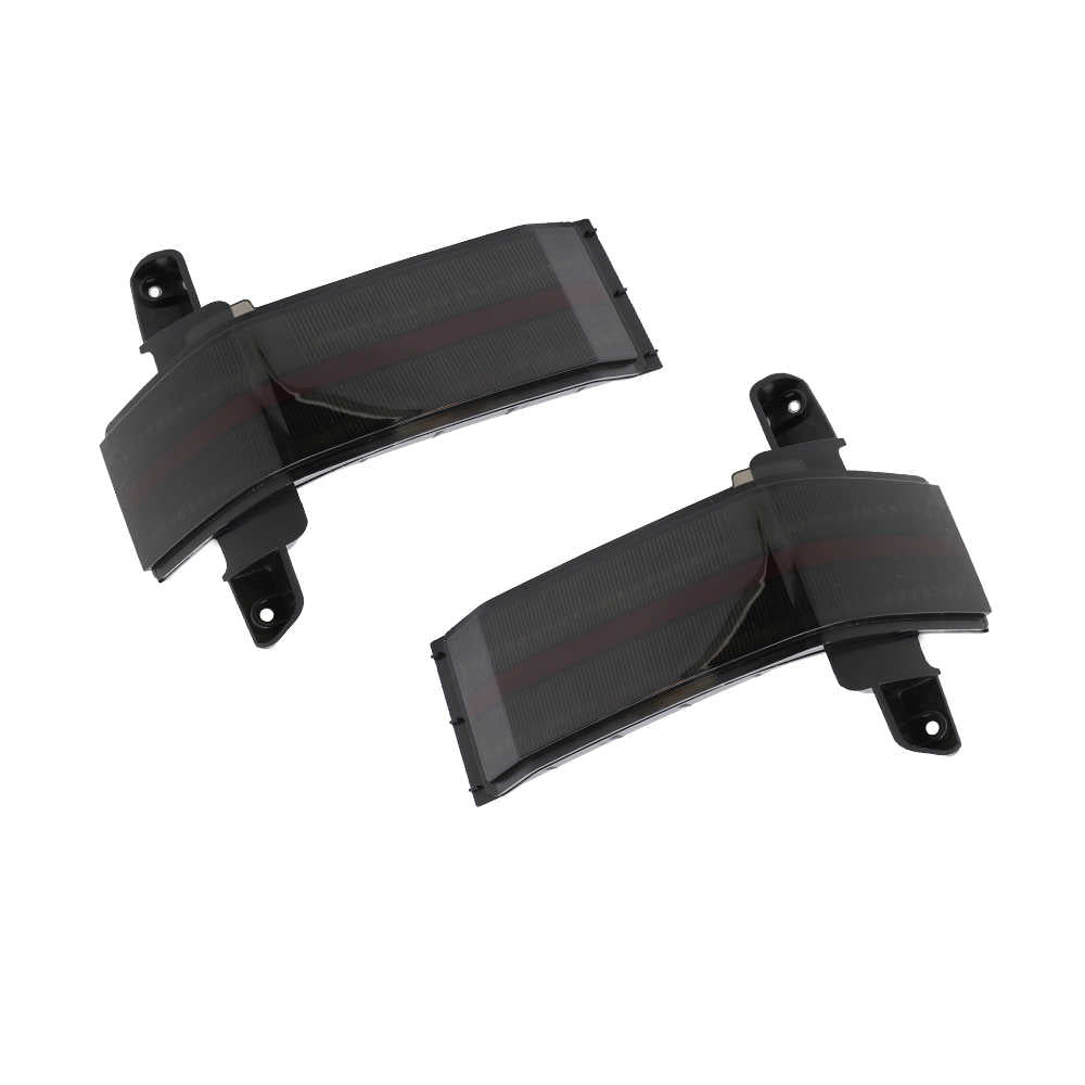 Two black side mirror blinkers with red stripes on a white background