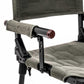 Close-up of a camping chair with quilted seat and armrest on a white background