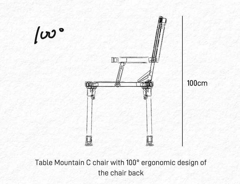 Technical drawing of a Table Mountain C chair with 100° ergonomic design on a white background.